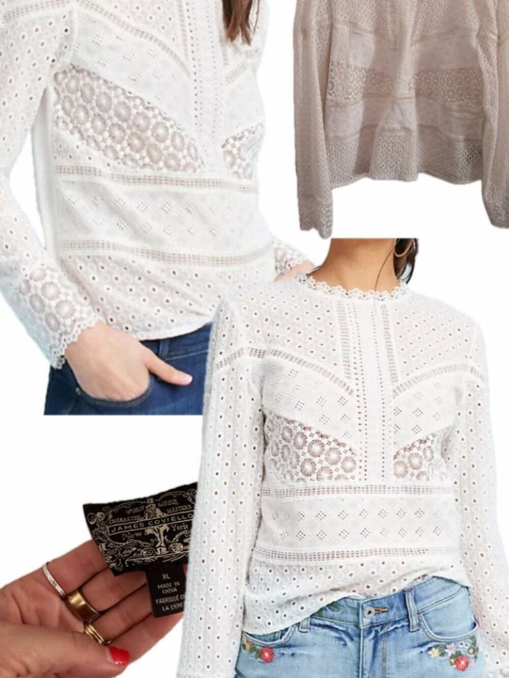 Anthropologie x James Coviello White Eyelet Lace Long Sleeve Blouse XL